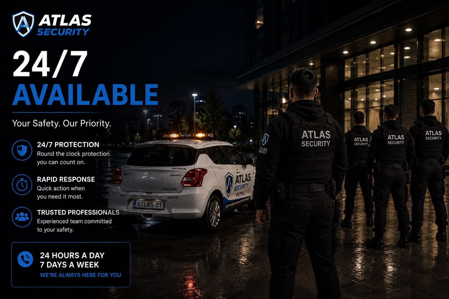 Atlas Security guards in patrol vehicle with radio